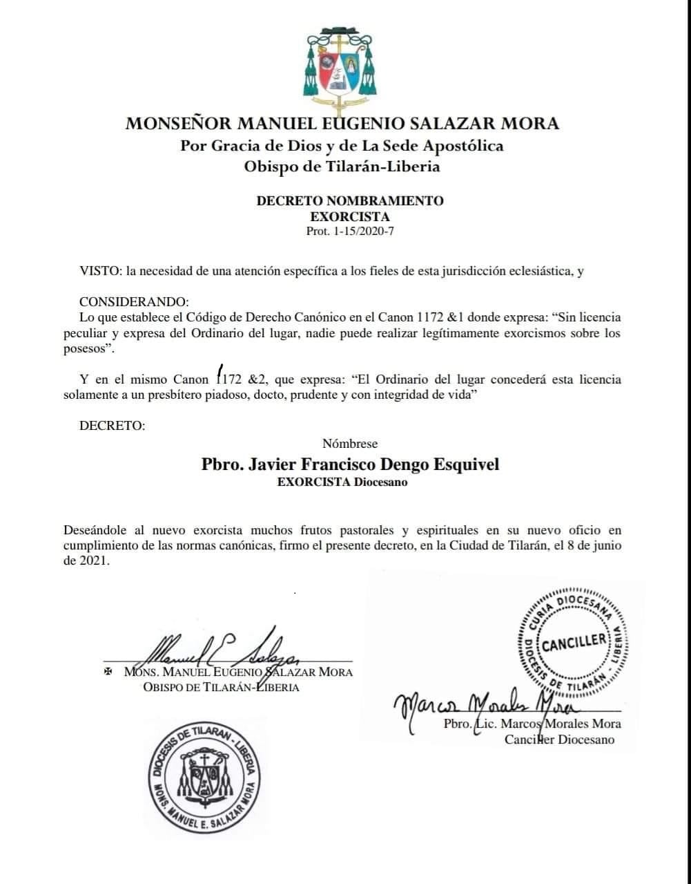 Monseñor José Salazar Mora, obispo de la diócesis de Tilarán-Liberia, quien el pasado 8 de junio nombró exorcista al padre Javier Francisco Dengo Esquivel