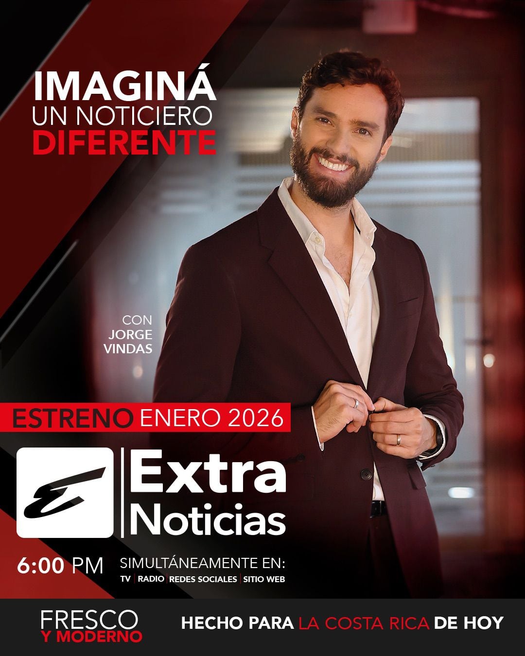 Jorge Vindas y Kristell Ruiz son los nuevos presentadores del renovado Extra Noticias, noticiero del Grupo Extra.