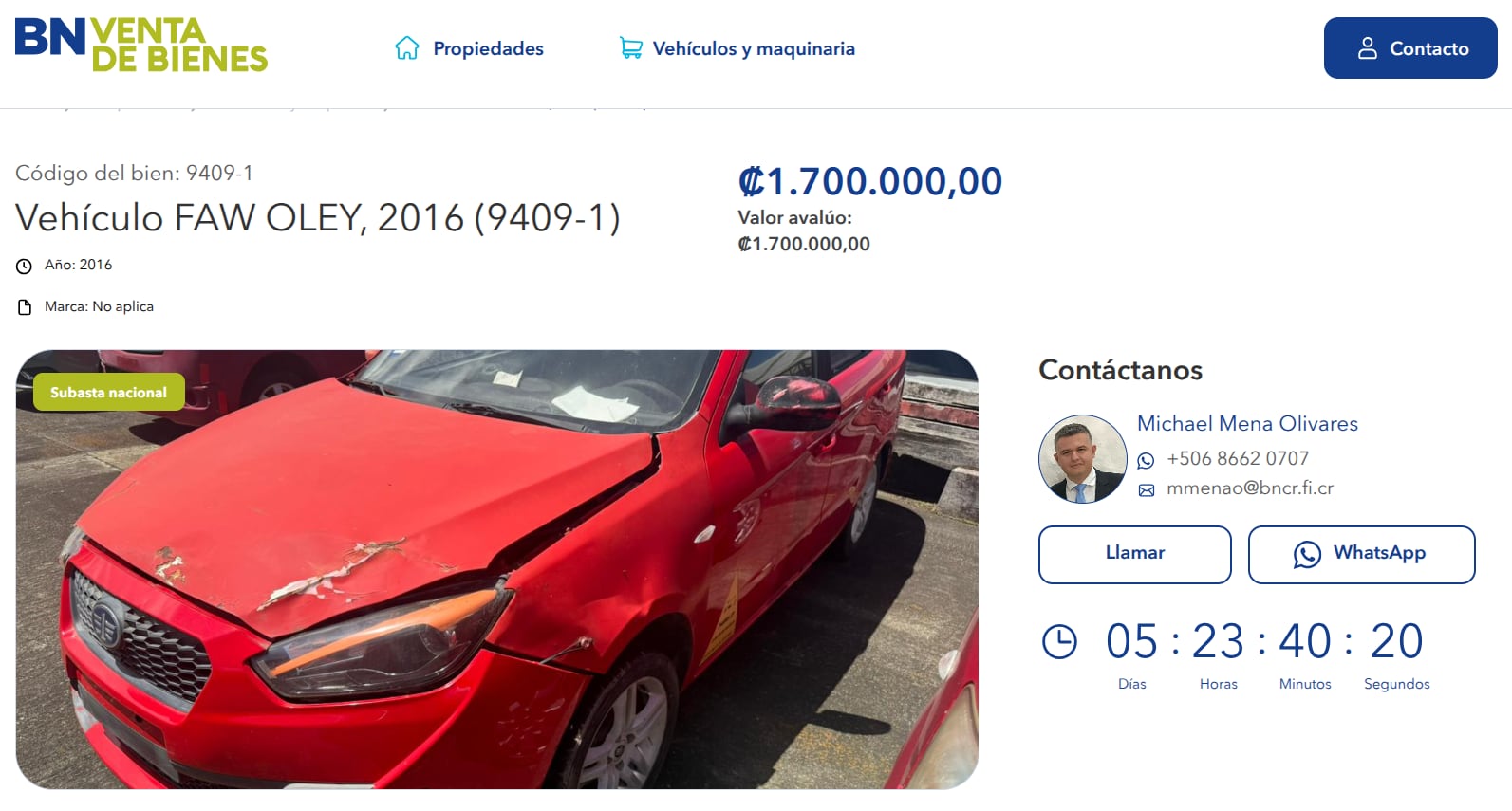 Carros usados en venta por el Banco Nacional