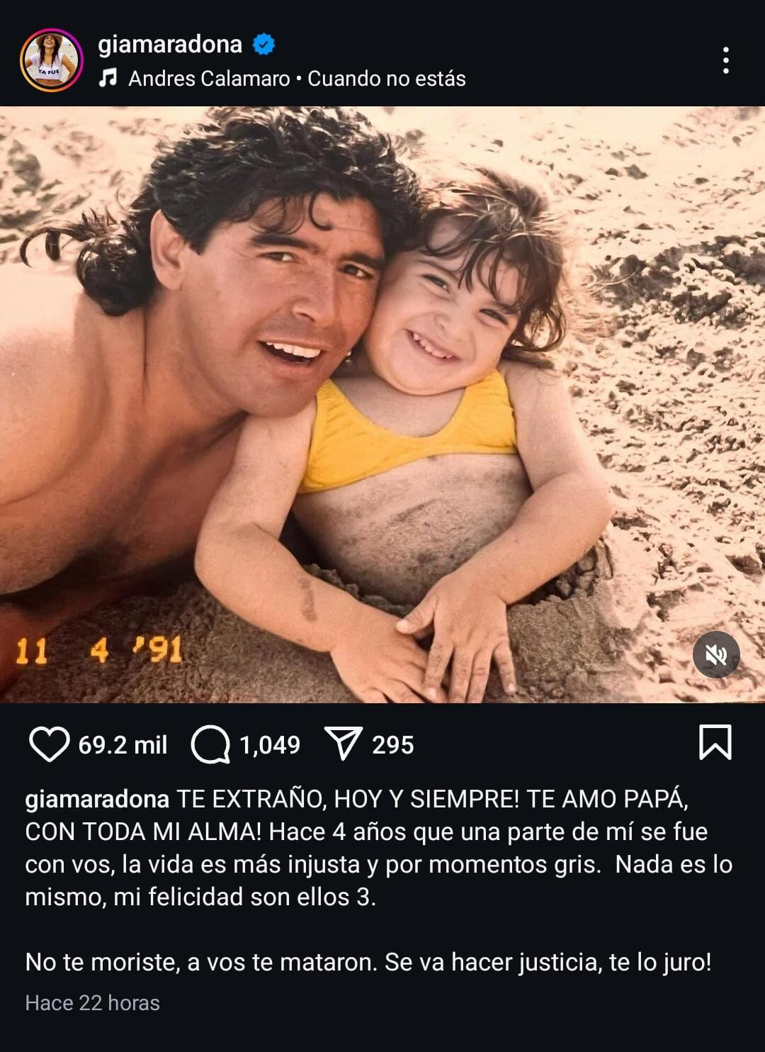 Gianinna Maradona clama por justicia, a 4 años del fallecimiento de su padre. Captura de pantalla.