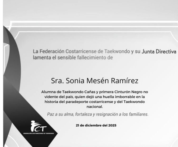 Falleció Sonia Mesén Ramírez, primera mujer no vidente con cinta negra en Costa Rica y referente del paradeporte y el taekwondo nacional.
