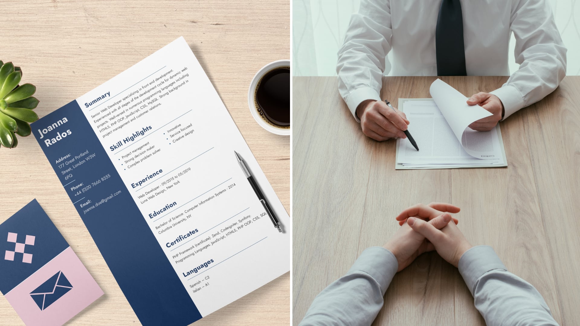 Ejemplo de currículum vitae con diseño profesional y bien estructurado, destacando datos personales, experiencia laboral y formación académica, ideal para captar la atención de los reclutadores.