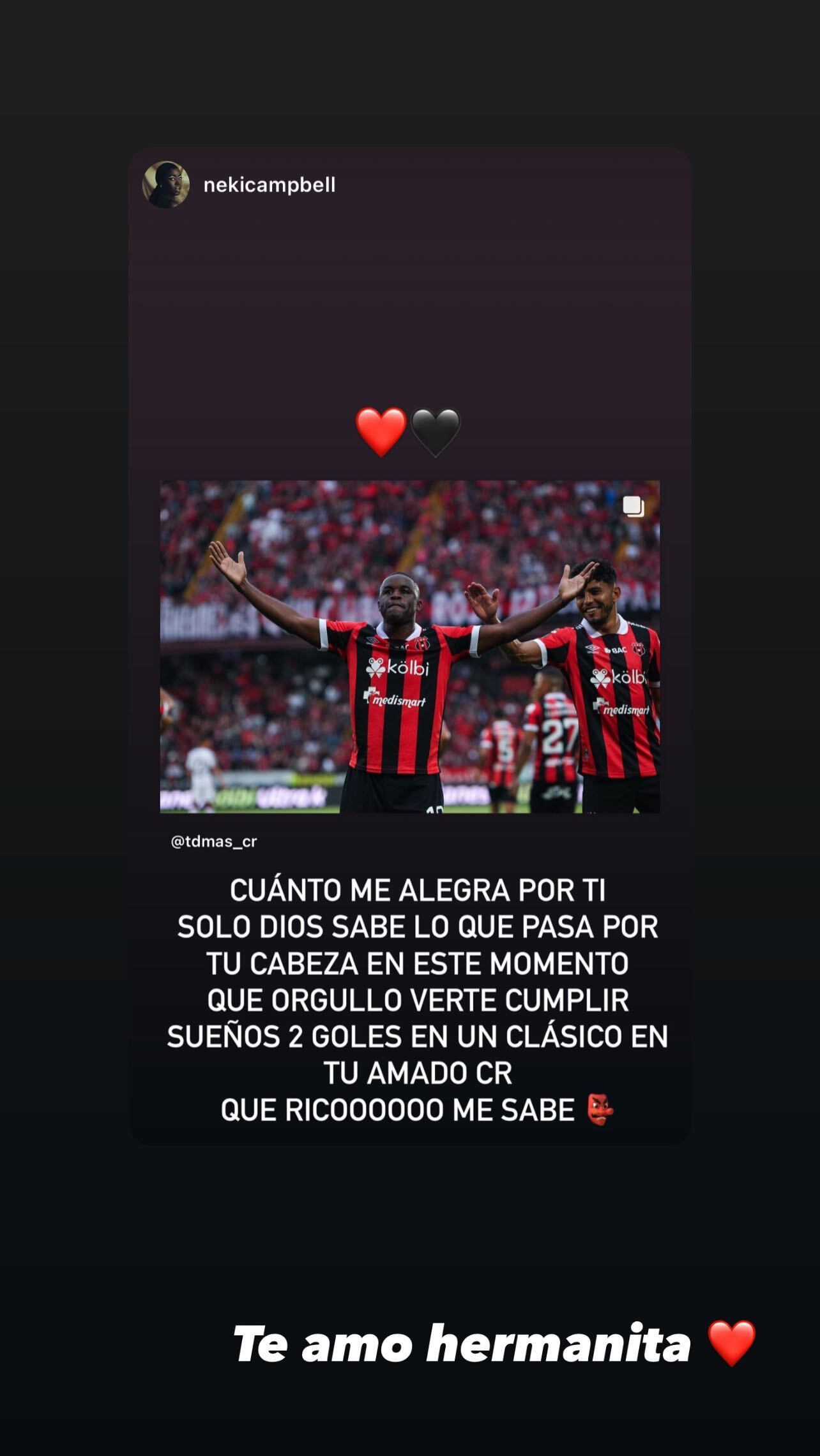 Nekisha Campbell se desahogó en redes tras la victoria de Alajuelense con los goles de su hermano Joel Campbell