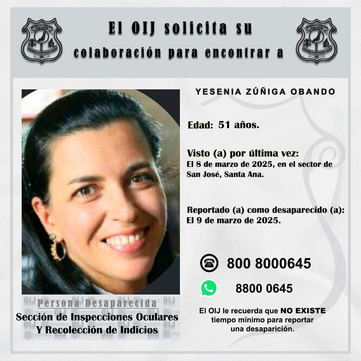 Yesenia Zúñiga Obando, de 51 años, fue vista por última vez el sábado 8 de marzo anterior, en Santa Ana, San José. Foto: OIJ