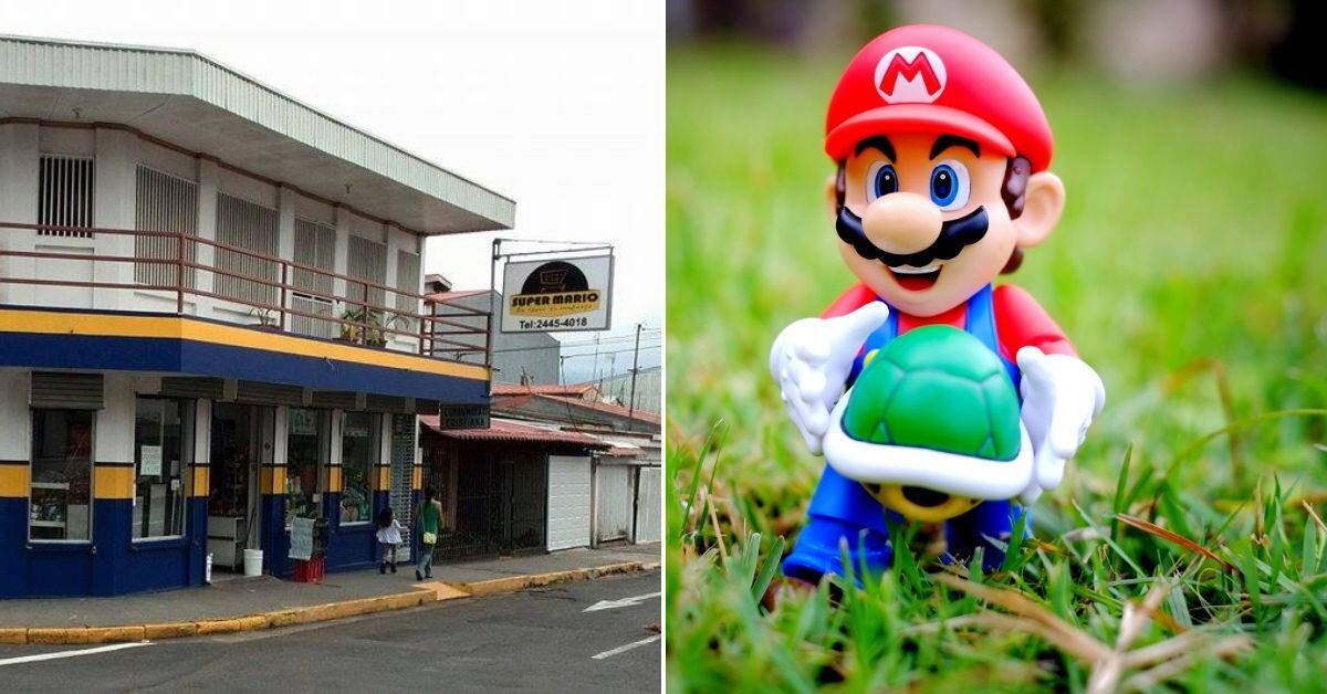 Fachada del supermercado Súper Mario en San Ramón, Costa Rica, un comercio local que ganó un litigio contra Nintendo para mantener su marca registrada.