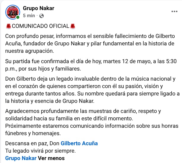 El grupo Nakar confirmó el fallecimiento de su director a través de sus redes sociales.
