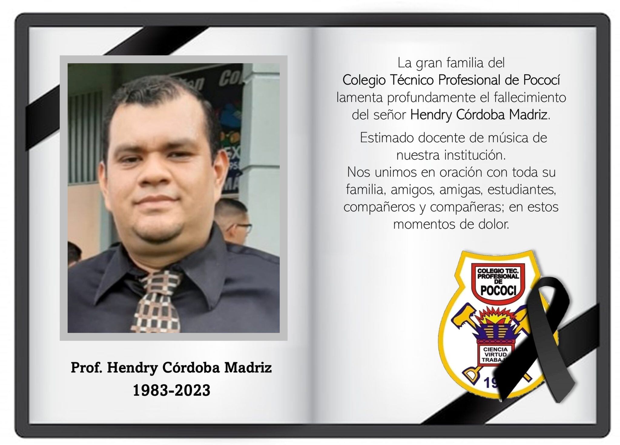 Hendry Córdoba, profesor de música que murió en accidente de tránsito en Pococí. Foto Facebook.