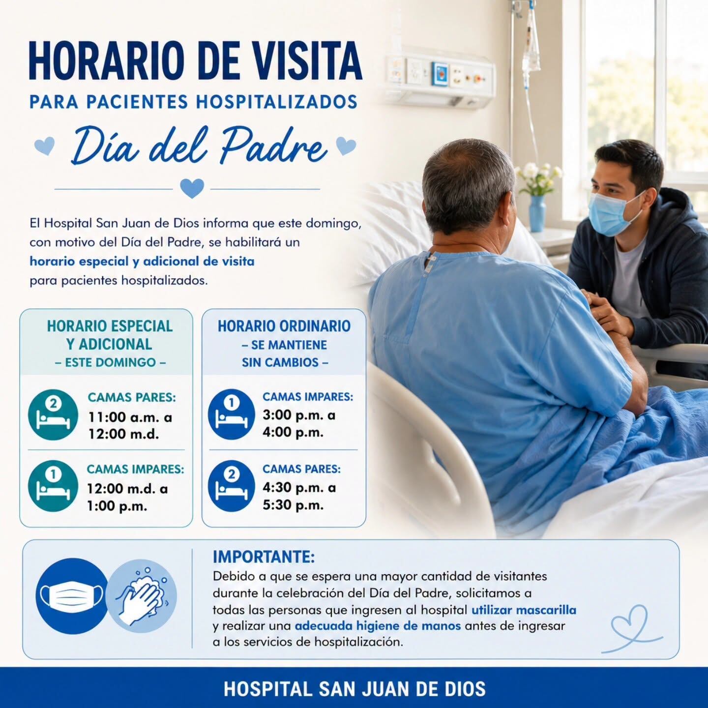 El Hospital San Juan de Dios ha confirmado que tiene un horario especial para el domingo 21 de junio, Día del Padre.