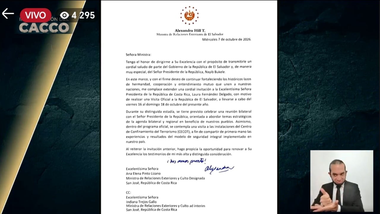 Esta es la carta enviada por el gobierno de El Salvador para invitar a Laura Fernández a visitar el país.