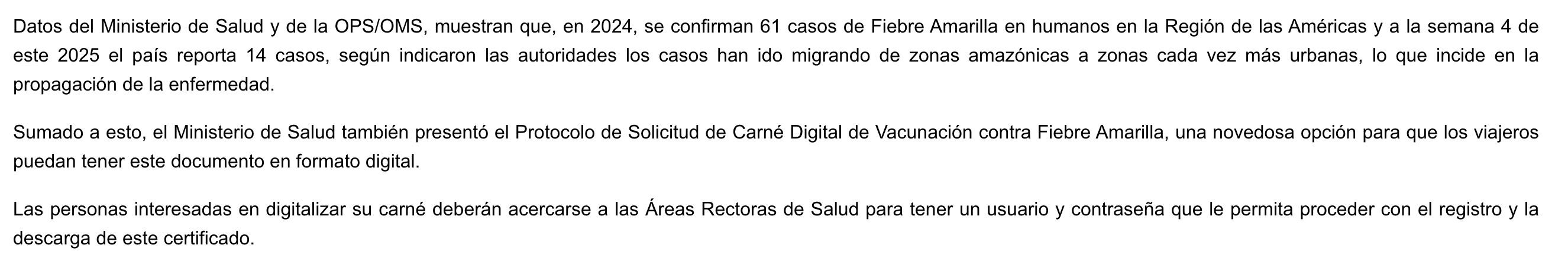 En esta captura se puede ver donde el Ministerio asegura que sí hay casos de fiebre amarilla en el país.