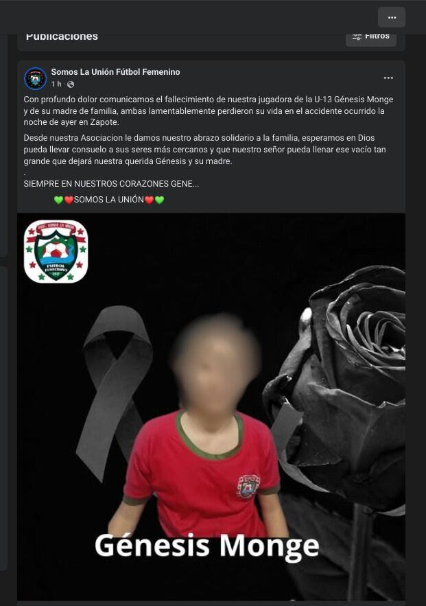 La escuela de fútbol lamentó la muerte de Génesis Monge y su mamá