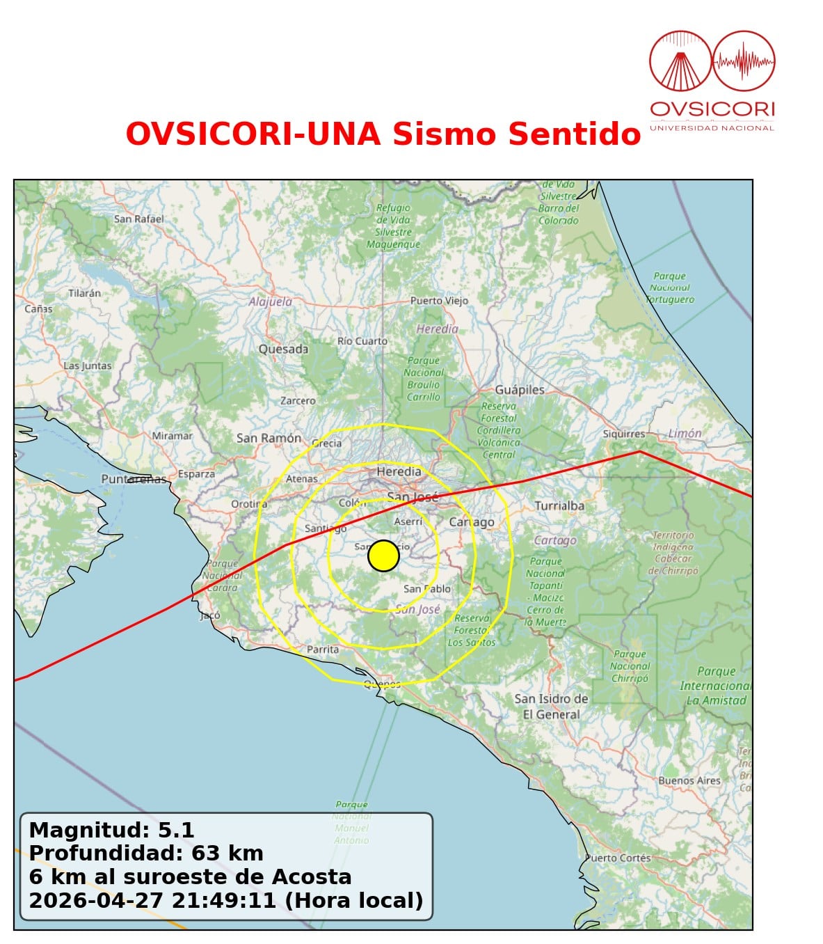 El fuerte temblor que alarmó a muchas de personas la noche del lunes 27 de abril del 2026 sigue generando movimiento en el país, a las 6 a.m. del martes 28 reportaban 10 réplicas. Foto: Ovsicori