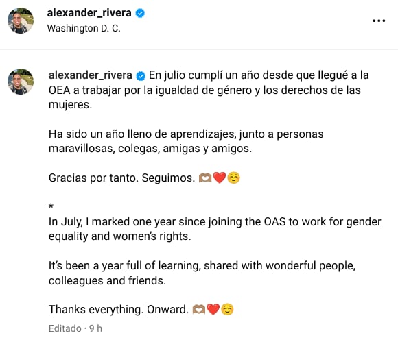 Alexánder Rivera, experiodista de Teletica, celebró en sus redes que este mes de julio está cumpliendo un año desde que llegó a trabajar a la Organización de Estados Americanos (OEA).