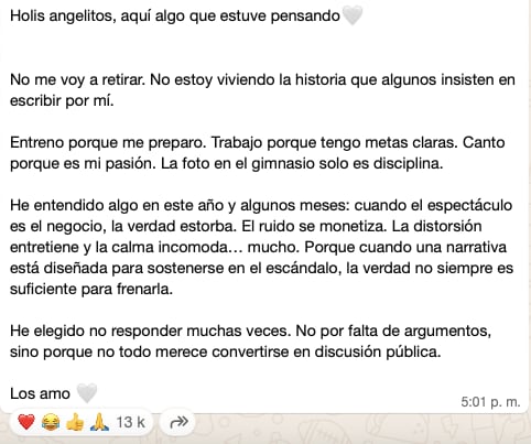 Este fue uno de los mensajes de Ángela Aguilar en su canal de difusión.
