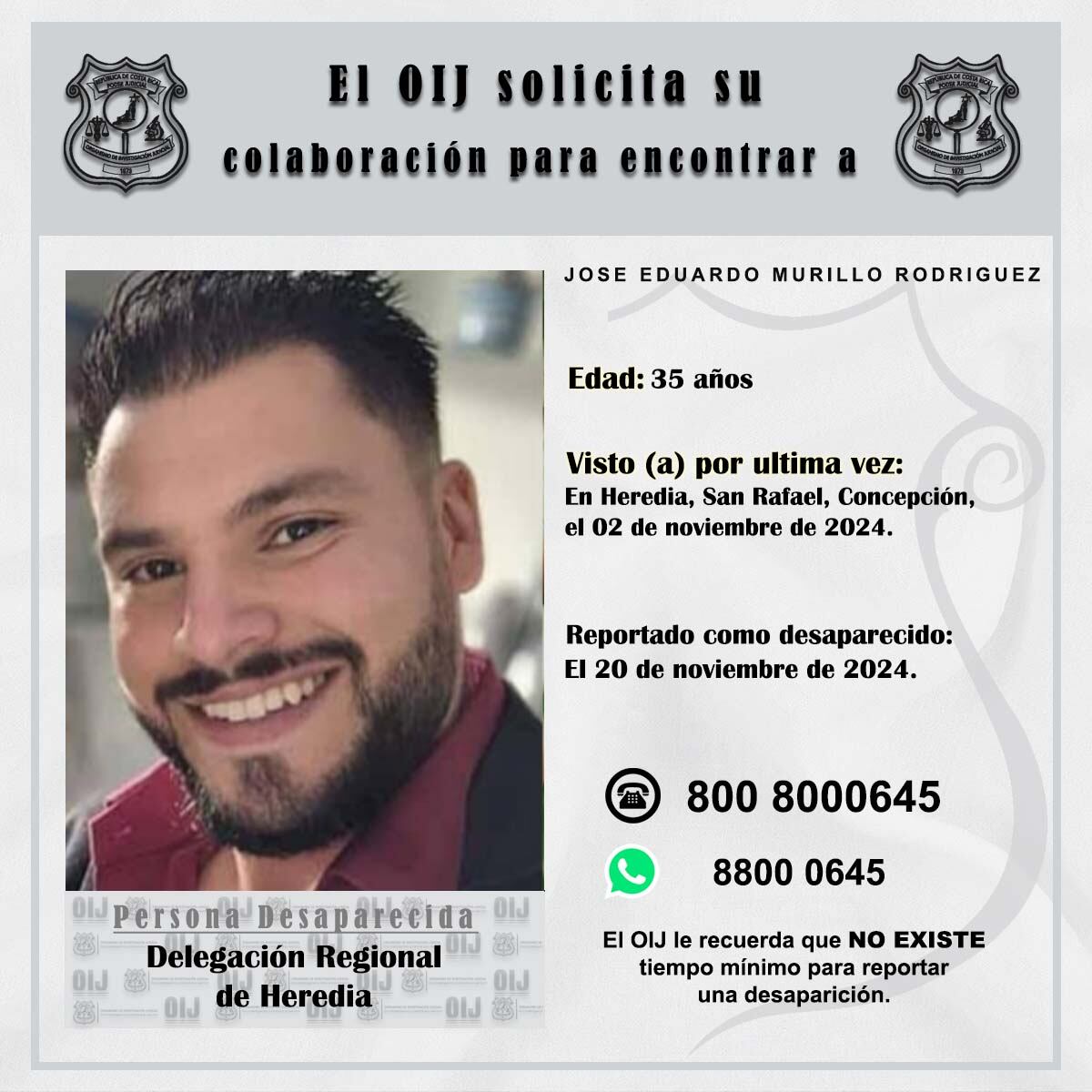 José Eduardo Murillo Rodríguez, de 35 años, fue visto por último vez el sábado 2 de noviembre anterior en Concepción de San Rafael de Heredia y desde entonces su paradero es incierto. Foto: OIJ