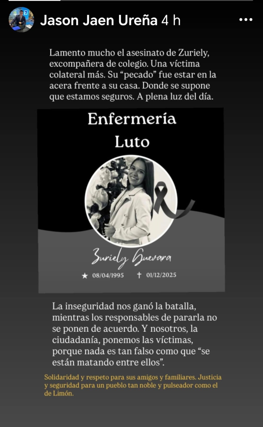 El periodista Jason Ureña lamentó mucho la muerte de su excompañera de colegio.