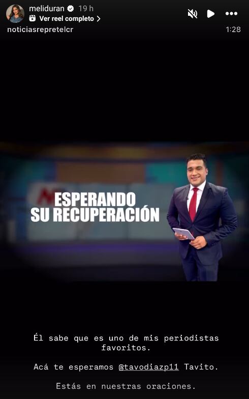 Melissa Durán envía cariñoso mensaje a Gustavo Díaz, periodista que tiene a Repretel en oración