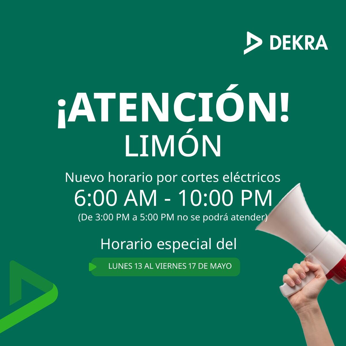 Debido a los cortes de luz que anunció el gobierno, ahora a partir del próximo martes 14 de mayo, Dekra, encargada de la inspección vehicular en el país, anunció cambios en sus horarios en sus estaciones