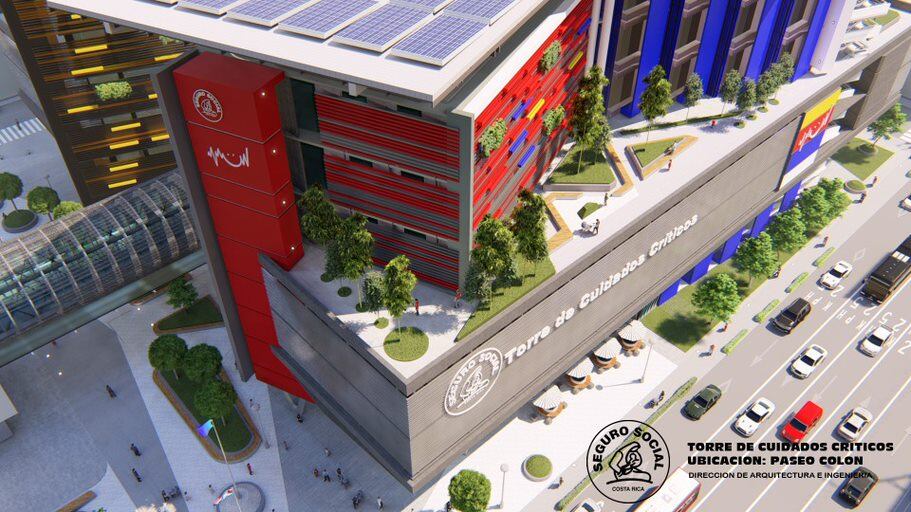 Diseño en computadora de un edificio de hospital, con varios pisos.