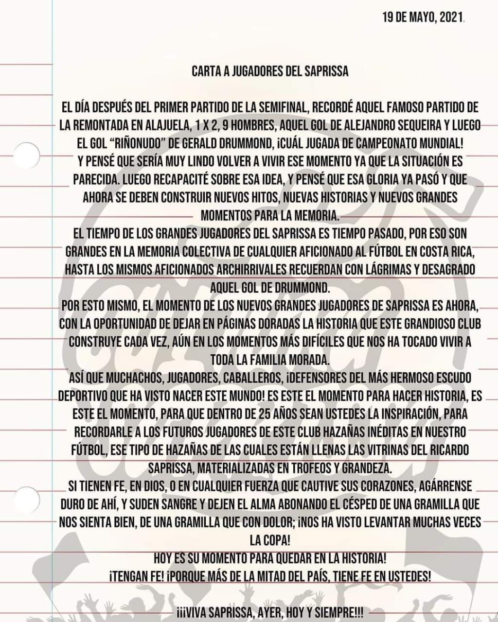 El asistente de Saprissa, Marco Herrera contó cómo vivieron el miércoles, antes, durante y después del partido de Saprissa. Facebook.