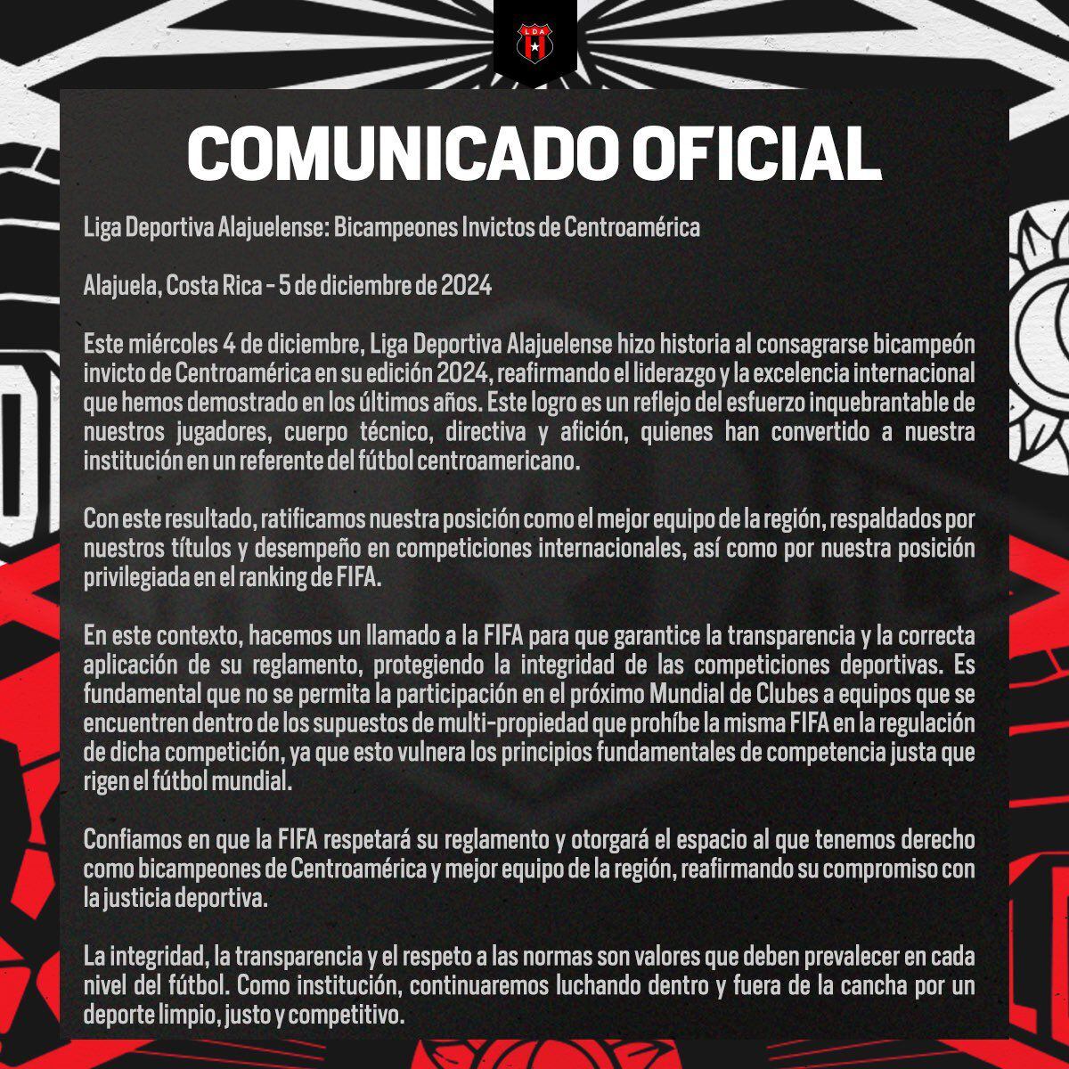 Comunicado de prensa de Alajuelense tras ganas la Copa Centroamericana pide se respeten las reglas del Mundial de Clubes.