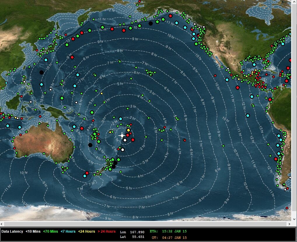 El Sistema Nacional de Monitoreo de Tsunamis (Sinamot) indicó sobre la probabilidad de corrientes fuertes y oleajes por el sunami causado por la erupción del volcán en Tonga. Imagen: Sinamot.