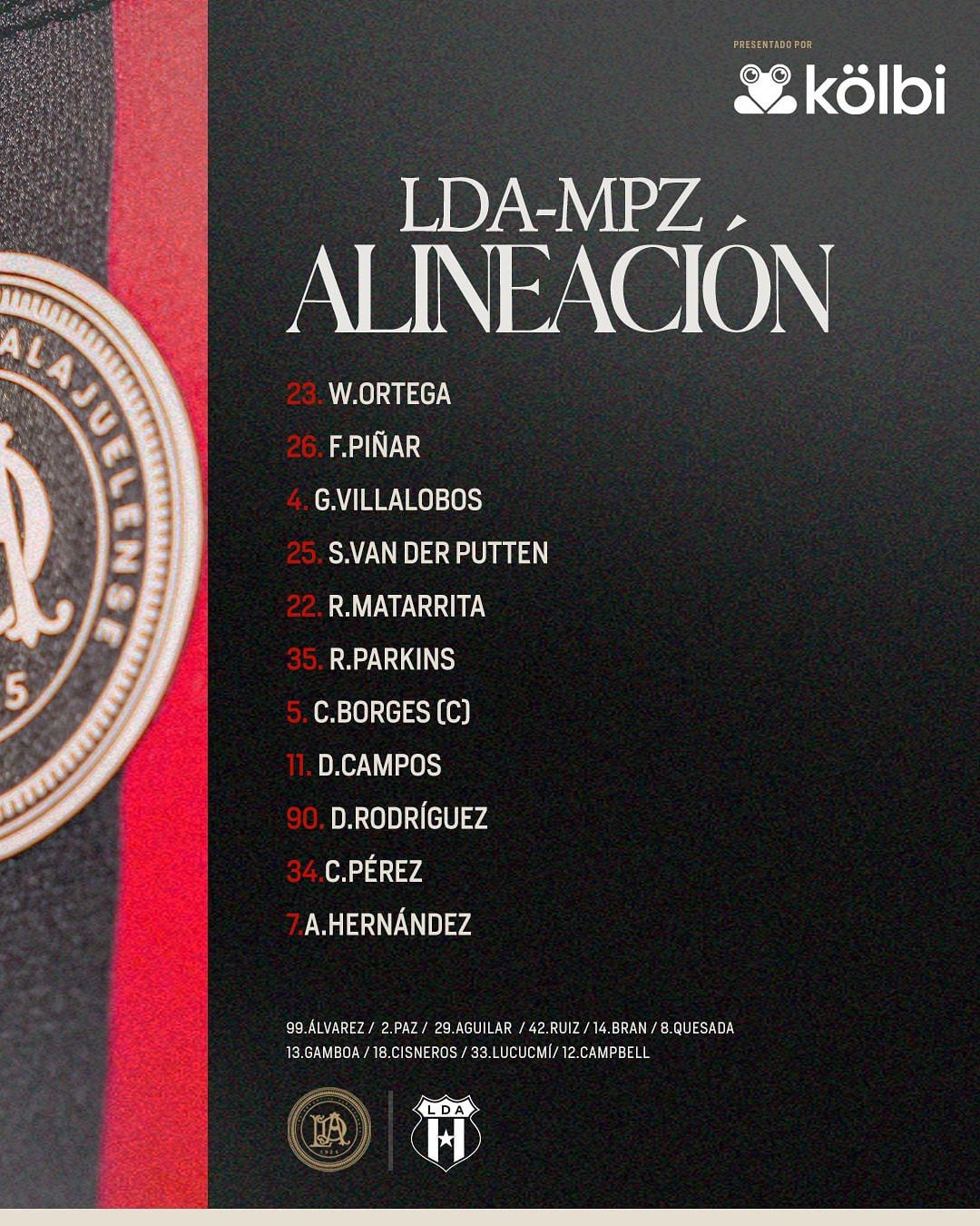 Alineación Alajuelense vs Pérez Zeledón