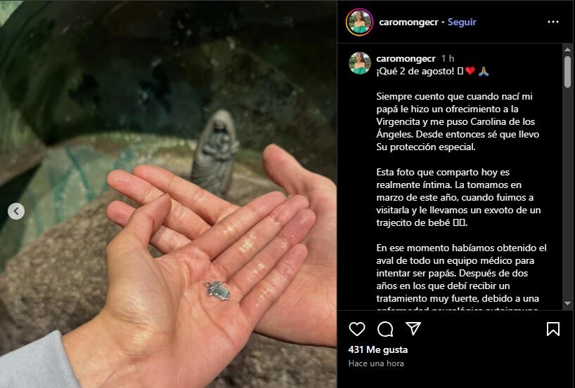 Carolina Monge dio a conocer su embarazo el pasado 31 de julio. Foto Instagram.