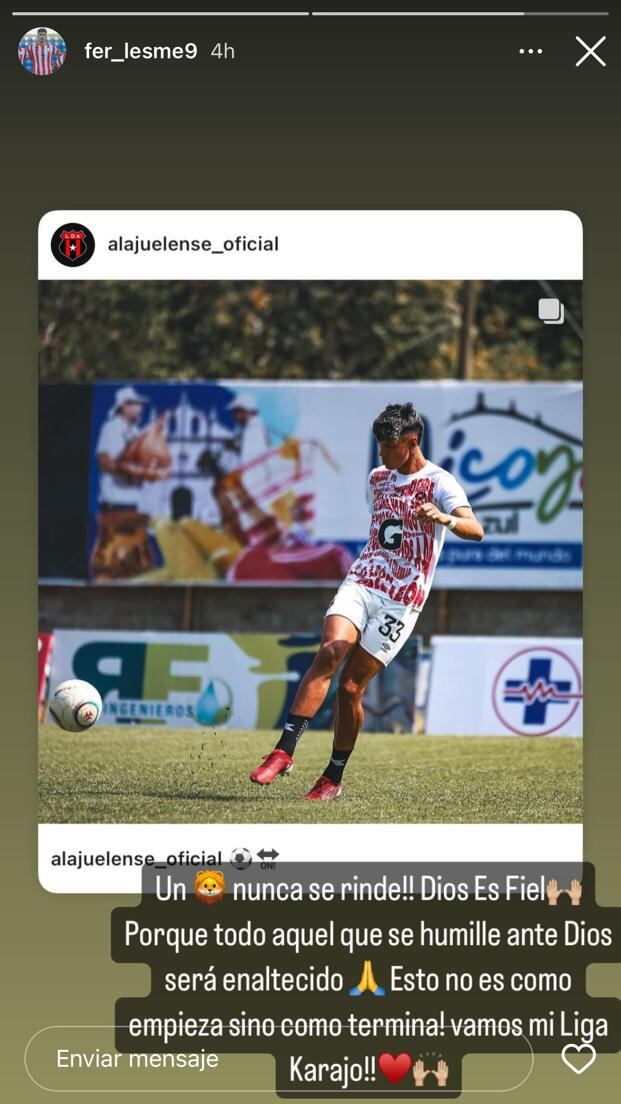 Mensaje de Fernando Lesme tras la derrota de Alajuelense ante Guanacasteca.