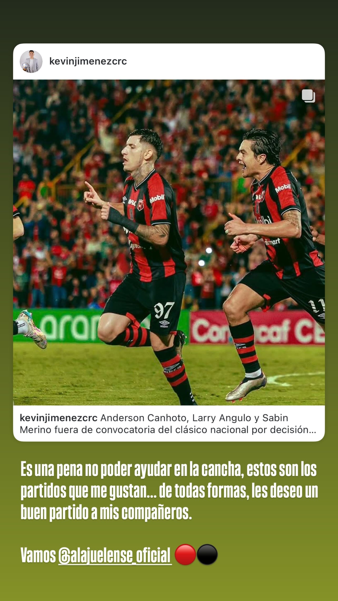 Así reaccionó Anderson Cardoso al quedar fuera de la convocatoria de Alajuelense, en el partido ante Saprissa. Instagram Anderson Cardoso.