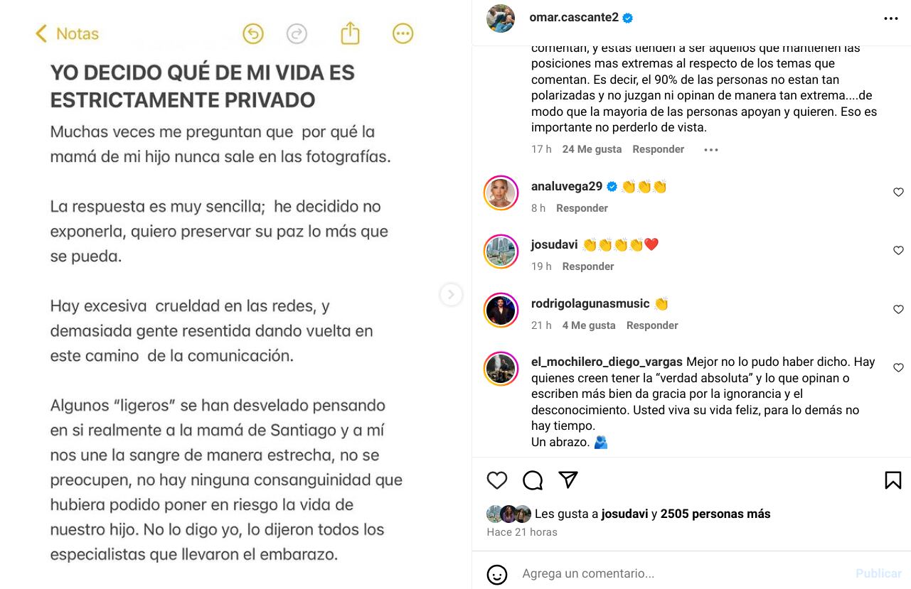 Omar Cascante acumula muchas reacciones al pie de la reveladora carta que publicó el sábado en la que aclaró si Valeria, la mamá de su segundo hijo es familiar de él y explicó el motivo por el que no la expone en sus redes.