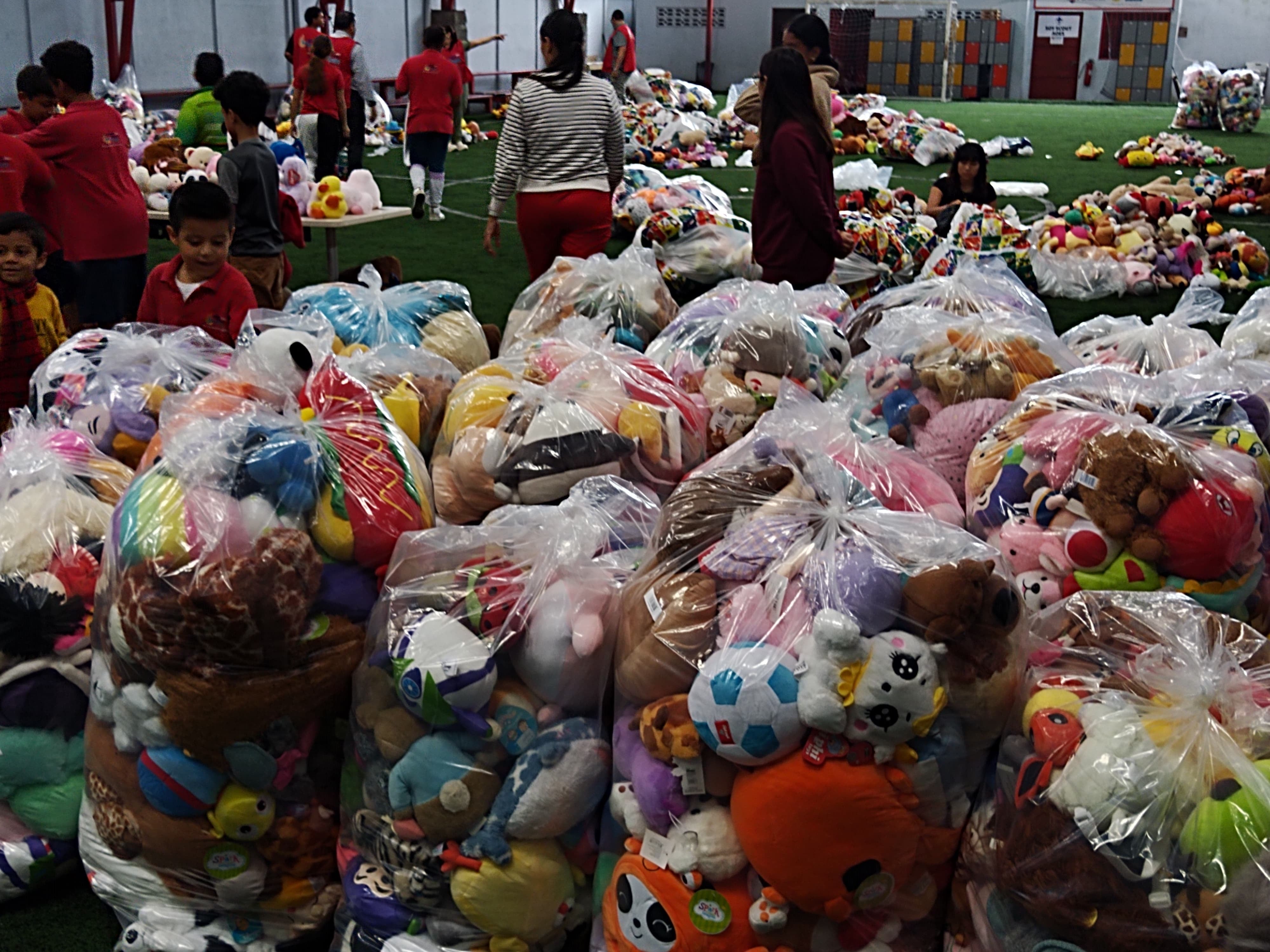 El padre Sergio Valverde de Obras del Espíritu Santo, comenzó el lunes 11 de noviembre a acomodar los peluches que los ticos donaron en la lluvia de peluches en el estadio Ricardo Saprissa.