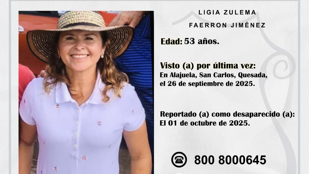 Ligia Zulema Faerrón Jiménez cumple casi una semana desaparecida. Foto: OIJ