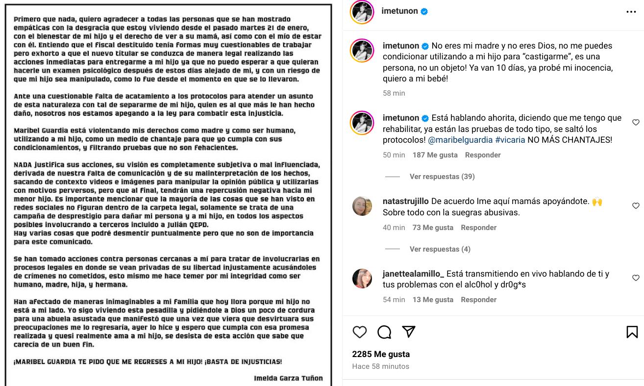 Imelda Garza Tuñón contraatacó este viernes a Maribel Guardia al mismo tiempo en que la actriz costarricense daba una conferencia de prensa en la que respondía preguntas sobre el conflicto que la enfrenta con su exnuera.