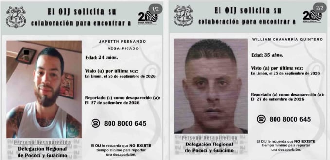 Jafetth Fernando Vega Picado, de 24 años y William Chavarría Quintero, de 35 años, desaparecidos en Ticabán y aparecieron en un video que estremece a la familia. Foto: OIJ