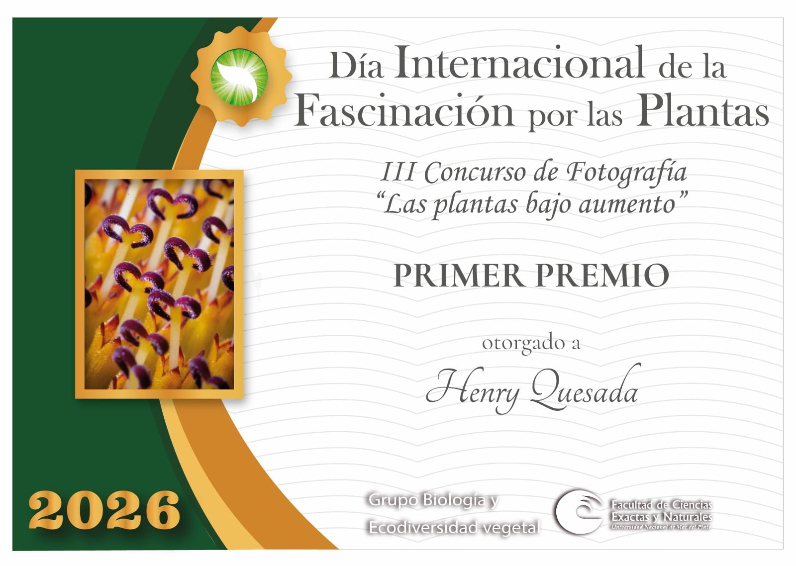 El sancarleño Henry Quesada Agüero, vecino de Ciudad Quesada, puso el nombre de Costa Rica muy en alto luego de ganar el primer lugar en un concurso internacional de fotografía organizado por la Facultad de Ciencias Exactas y Naturales de la Universidad Nacional de Mar del Plata, en Argentina. Al realizar una macrofotografía del corazón de un girasol