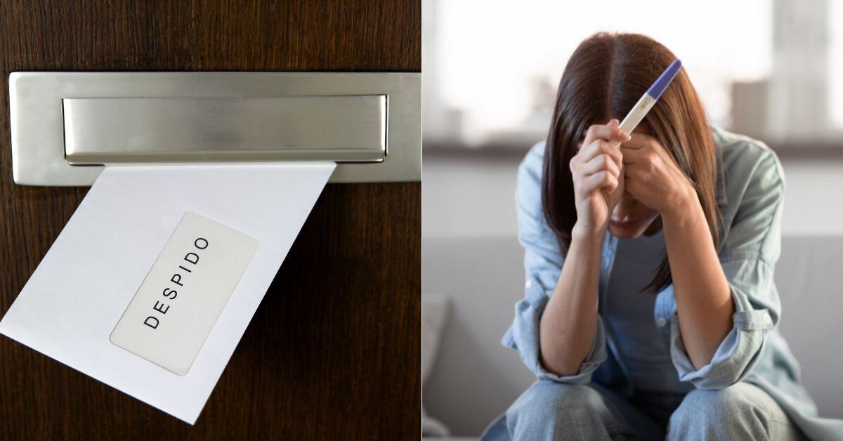 En la imagen, una carta de despido y una mujer con una prueba de embarazo