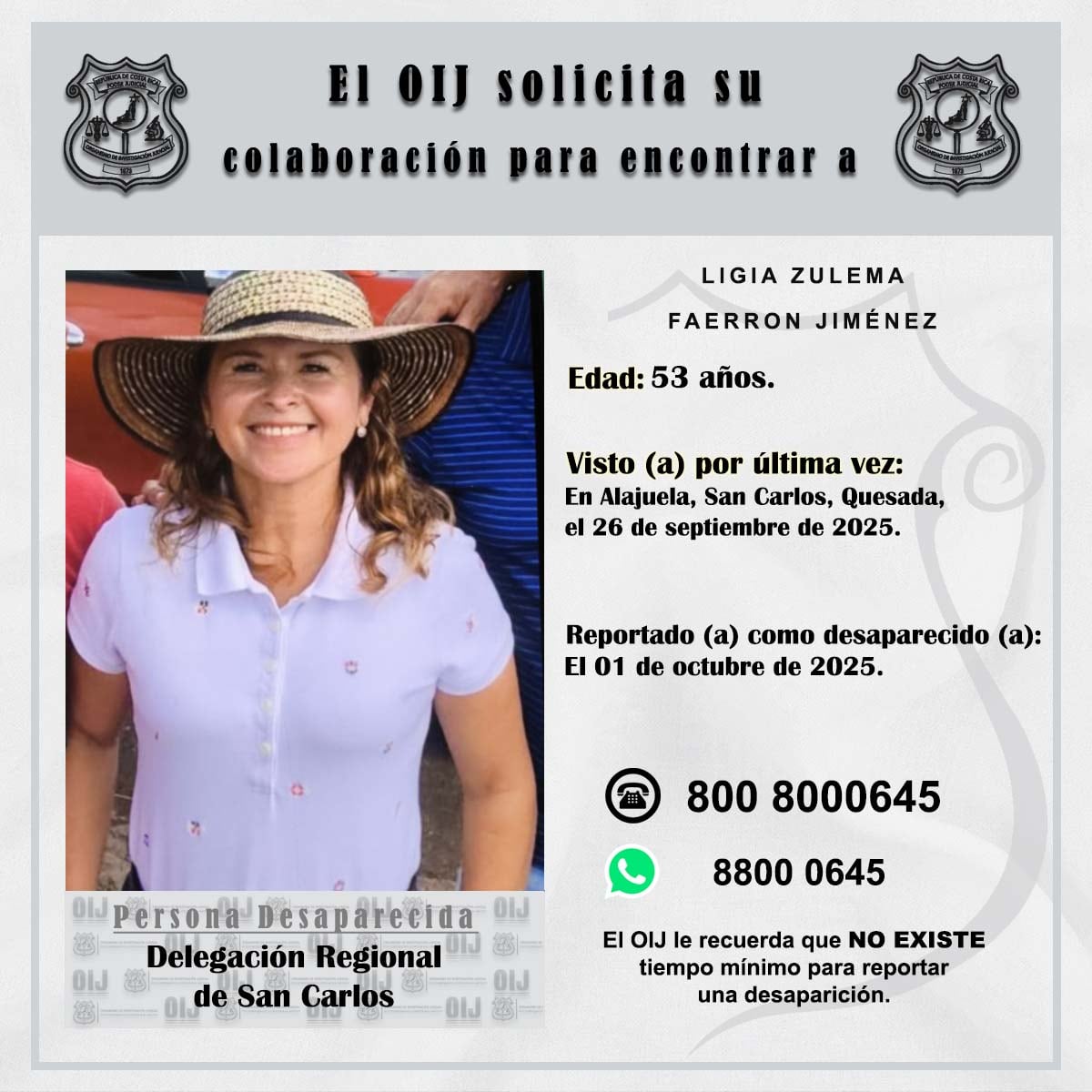 Ligia Zulema Faerrón Jiménez cumple casi una semana desaparecida. Foto: OIJ