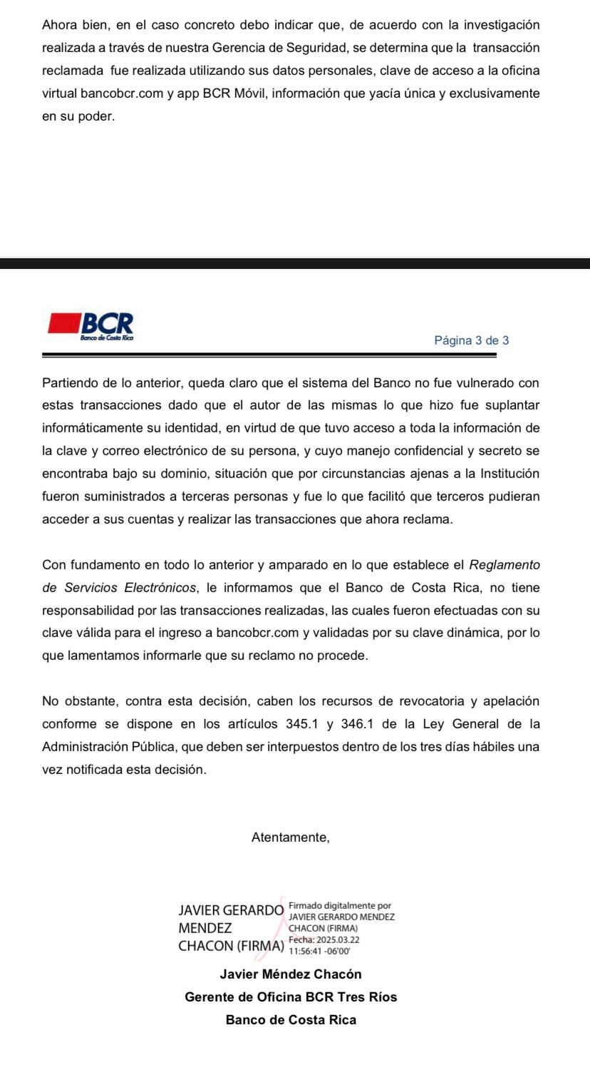 Este es el correo en el que el BCR se lavó las manos y dijo que no asumiría la responsabilidad.