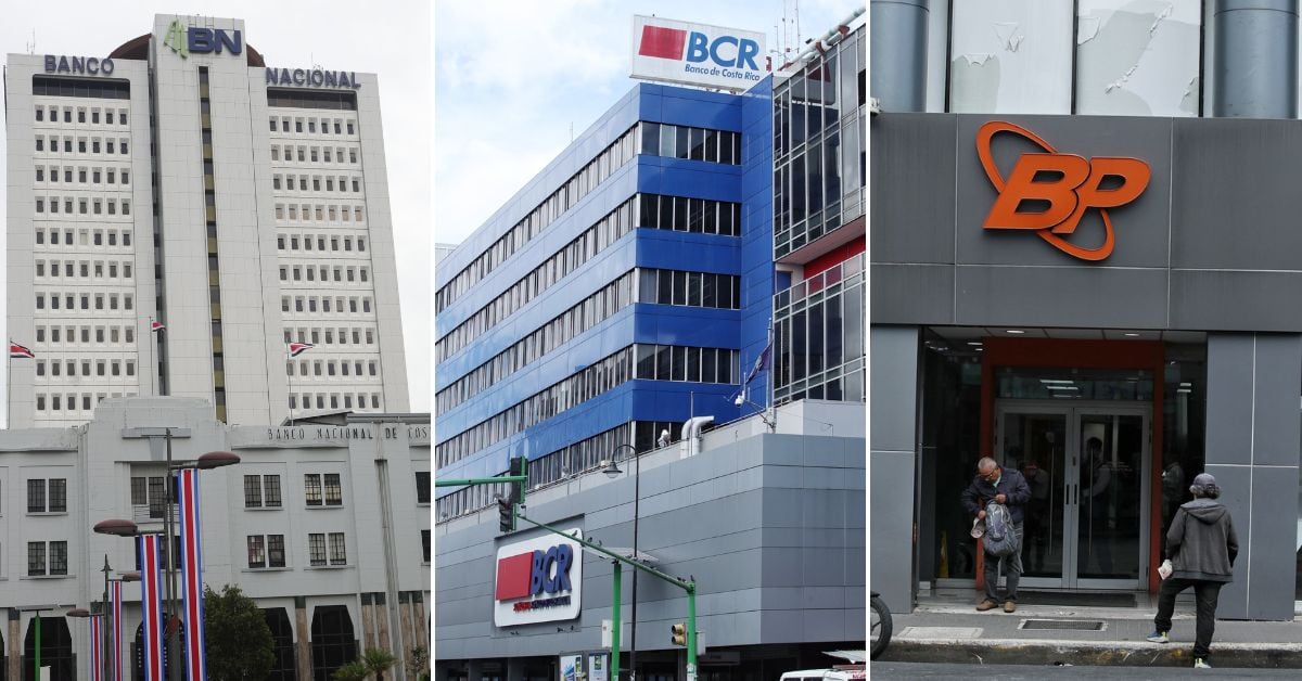 Fachadas del BAnco Nacional, Banco de Costa Rica y Banco Popular en una fotocomposición de Canva.