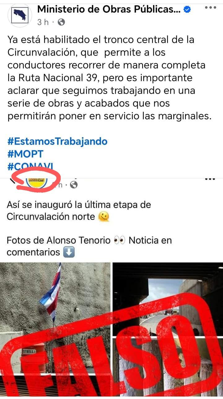 Publicación del MOPT desmintiendo fotos reales de La Teja