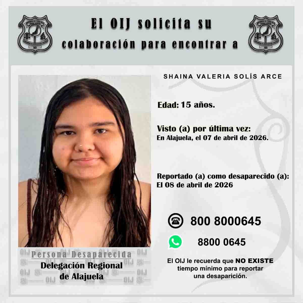 Shaina Valeria Solís Arce, colegiala desaparecida en Alajuela. Foto: OIJ