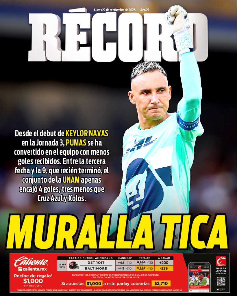 El diario Récord le dedicó su portada a Keylor Navas este lunes.