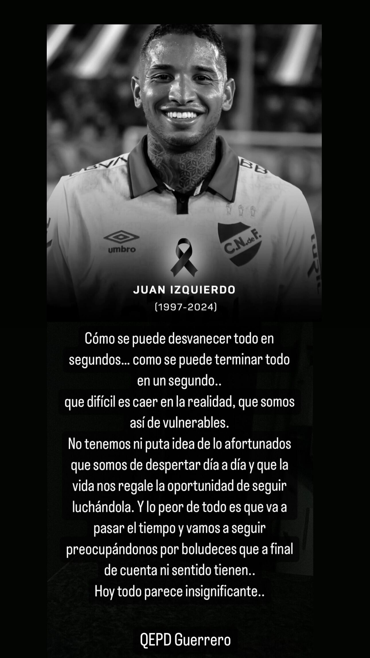 Sebastián Diana escribió este mensaje en sus redes sociales tras el fallecimiento de Juan Izquierdo. Foto: Instagram.