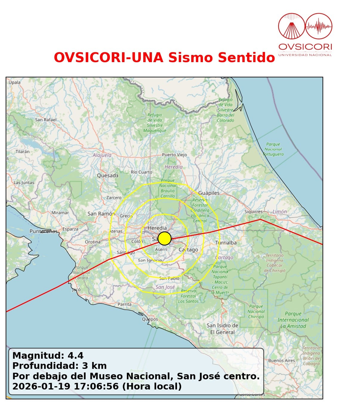 El fuerte sismo que alarmó a los vecinos de la Gran Área Metropolitana la tarde de este lunes 19 de enero ocurrió a las 5:06 p. m. y tuvo su epicentro en un punto histórico del centro de San José. Foto: Ovsicori