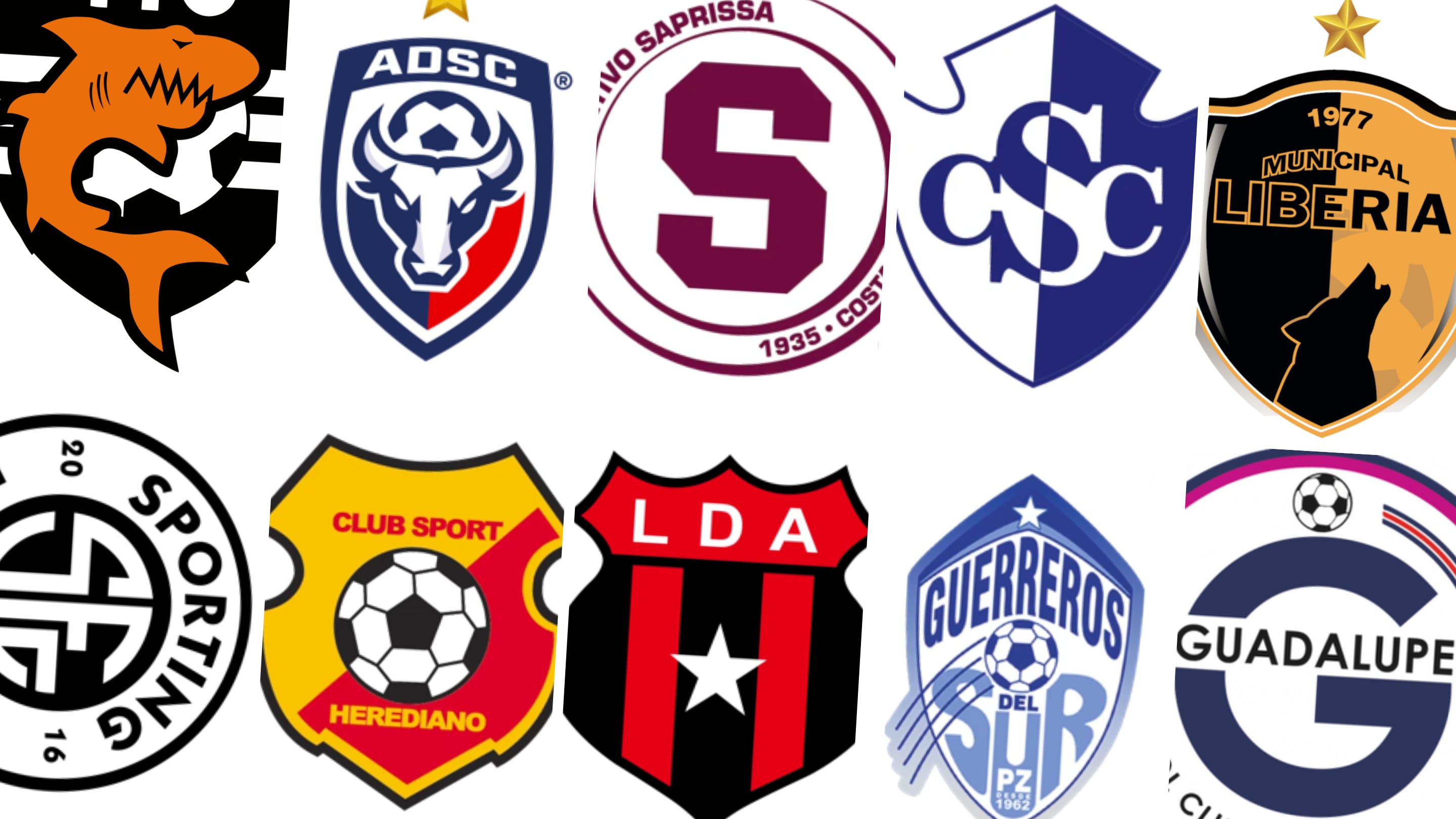 Equipos de la primera división del fútbol de Costa Rica. Saprissa, Alajuelense, Cartaginés, Herediano y otros seis equipos conforman el campeonato local.