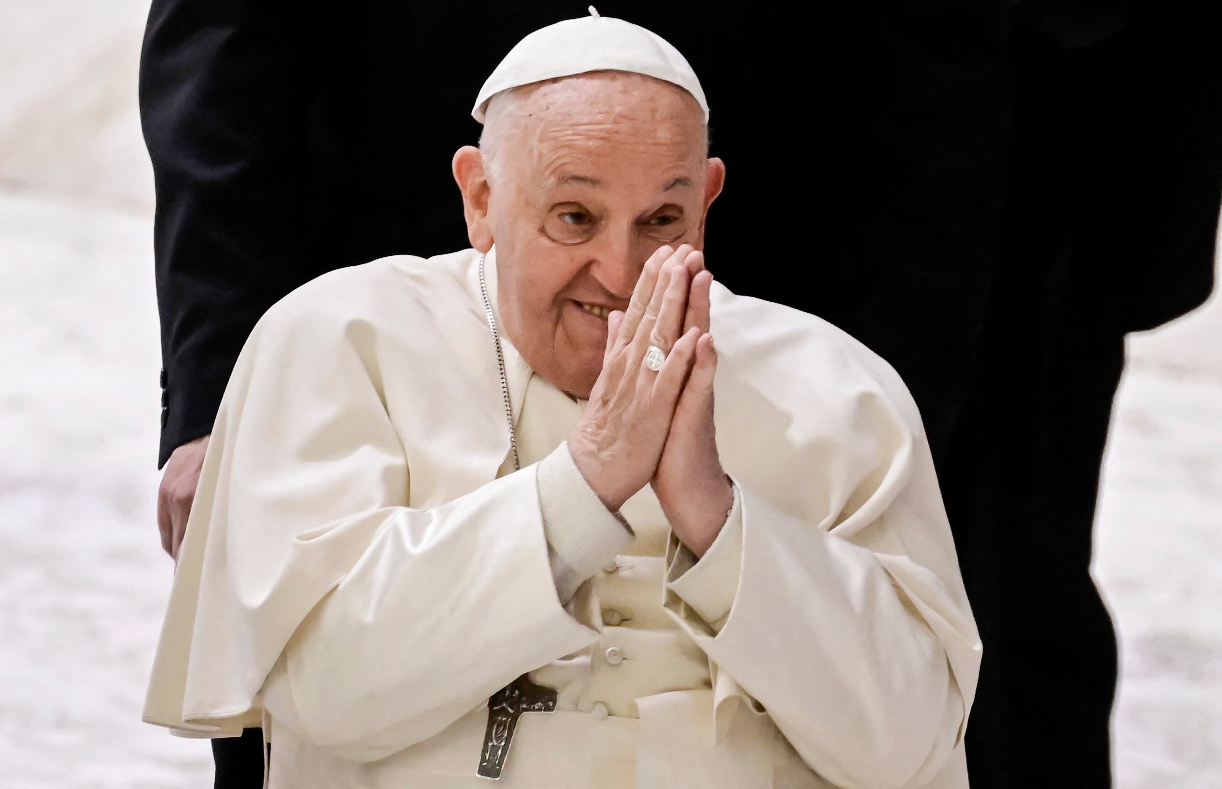 (FILES) Pope Francis attends "The caress and the smile" event to meet with grandparents, elderly, grandchildren and members of the "Fondazione Eta' Grande" at the Paul VI Audience Hall in The Vatican, on April 27, 2024. Pope Francis has "stable" conditions with his blood tests showing a "slight