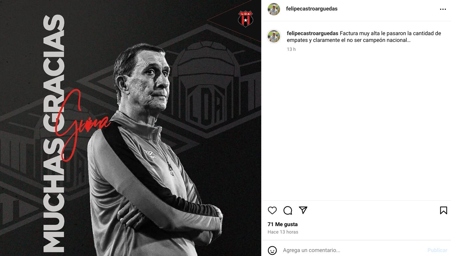 Aunque mantiene un silencio sepulcral sobre su salida de Teletica el 31 de marzo pasado, el periodista Felipe Castro sí recurrió a las redes sociales para opinar sobre el despido de Alexandre Guimaraes de Liga Deportiva Alajuelense.