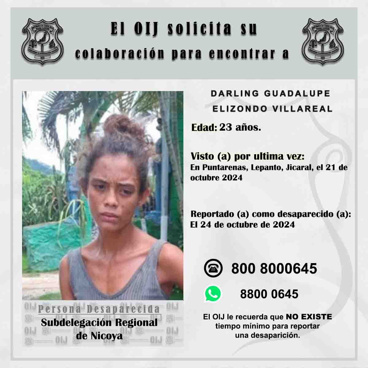 Darling Elizondo Villarreal es una joven mamá de 23 años, a quien se le perdió el rastro el 21 de octubre del 2024. Foto: OIJ