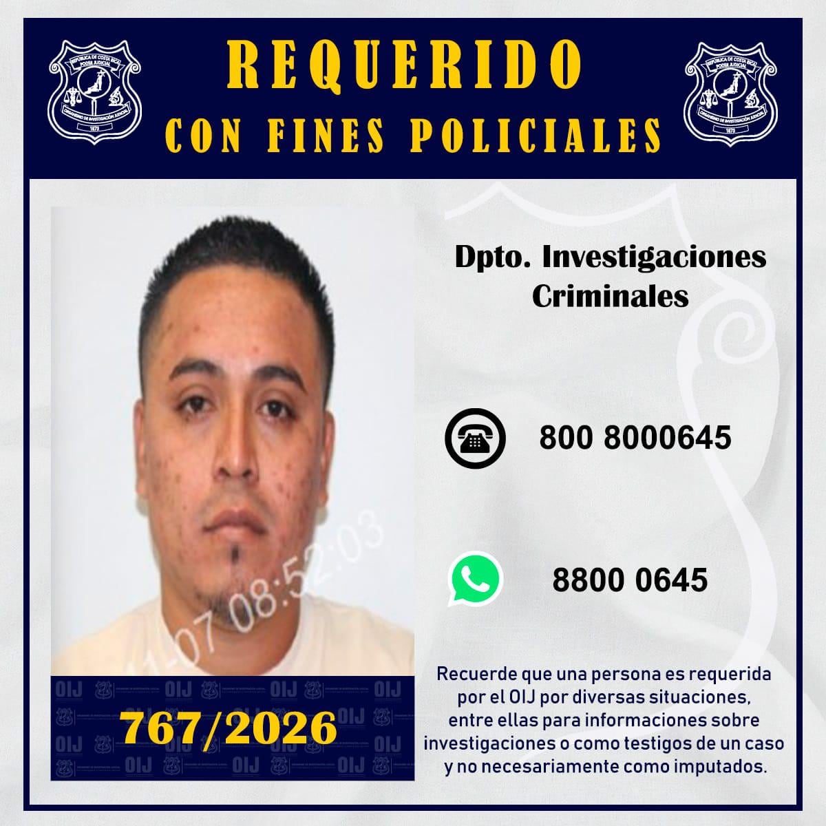 OIJ solicita colaboración para dar con el sospechoso en fuga.